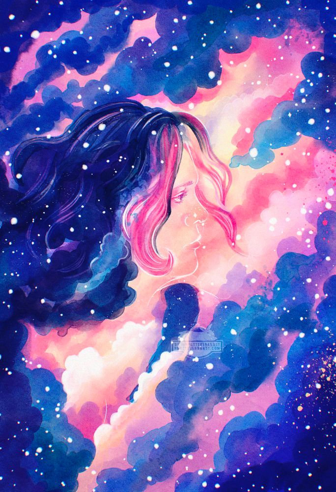 A watercolor style painting of a purple, blue, and pink galaxy with a woman with pink hair starring out of it 