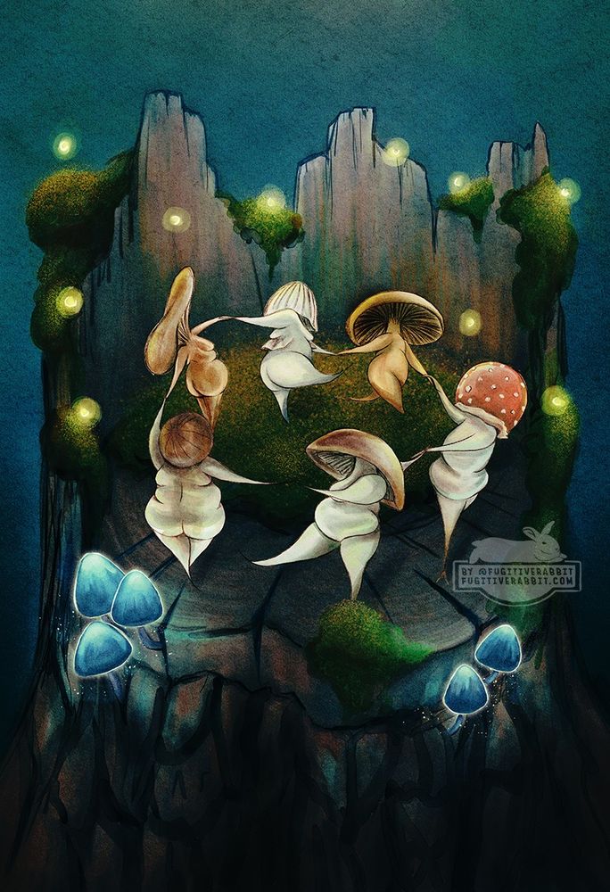 six fat little mushroom folks dance on a log lit by lightning bugs and bioluminescent mushrooms
