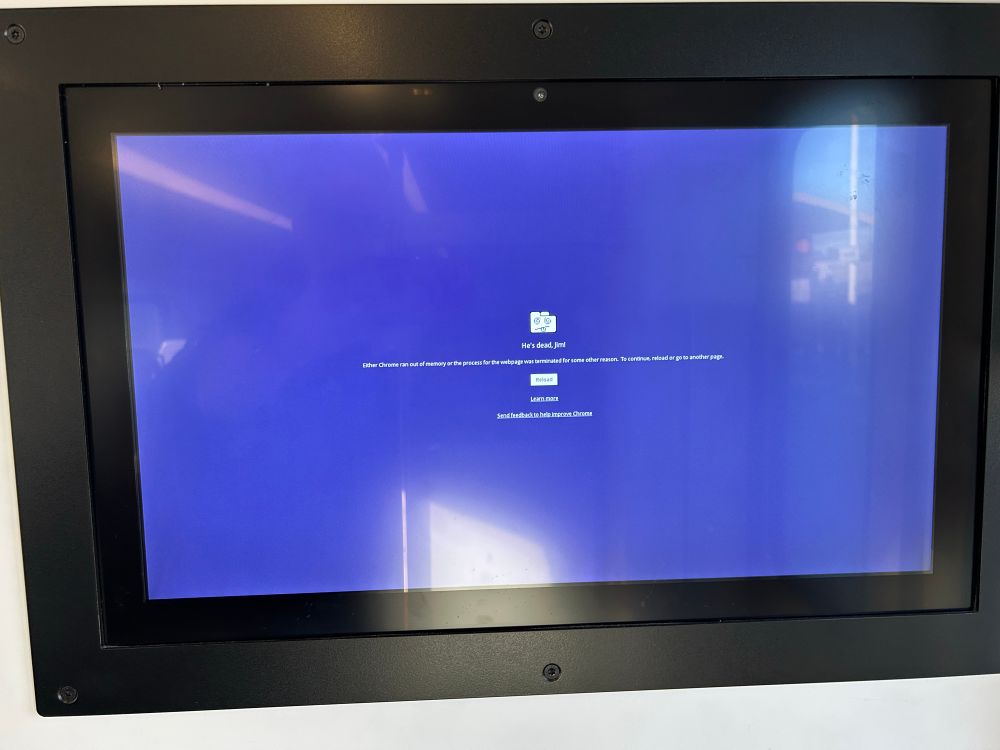 A chrome crash screen on a train