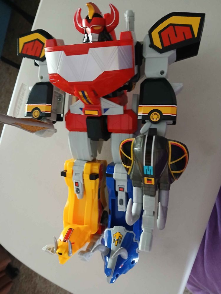 The fully assembled Dino Megazord toy, big and chunky like it's supposed to be.
