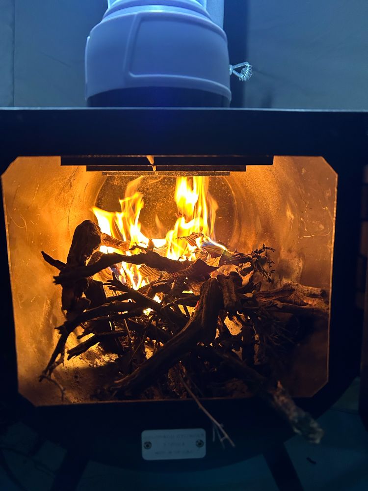 A small fire in a camp stove.