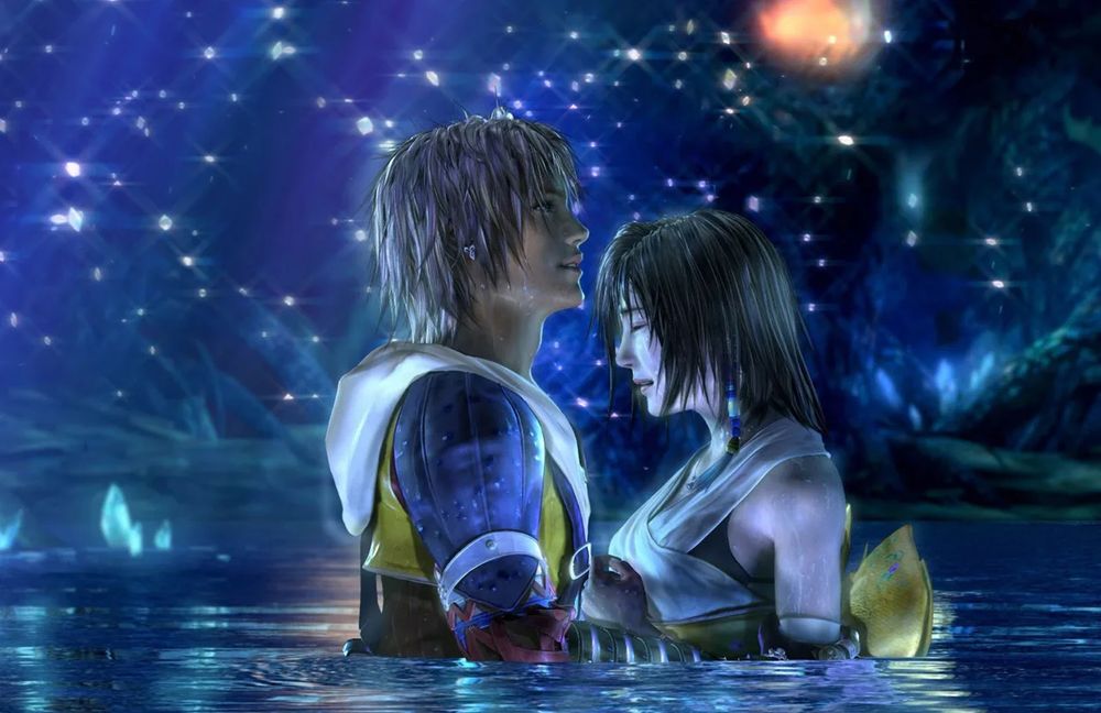 An image of a romantic scene in Final Fantasy X where the characters and swimming in a lake.