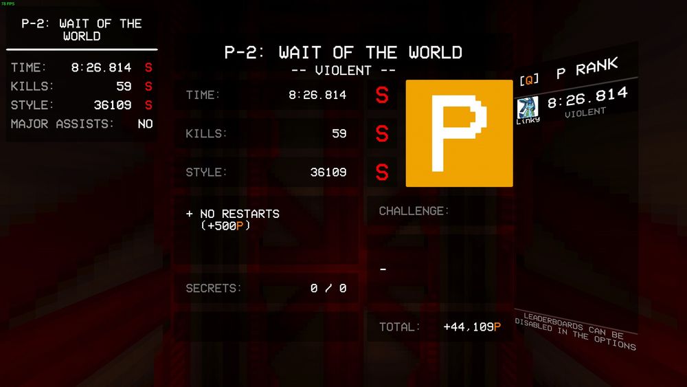 P-2, the current hardest level in Ultrakill, completed with a P-rank, which is the highest rank in the game.  Done on Violent difficulty, the current hardest difficulty in the game.

Time: 8:26.814 (S)
Kills: 59 (S)
Style: 36109 (S)
No Restarts