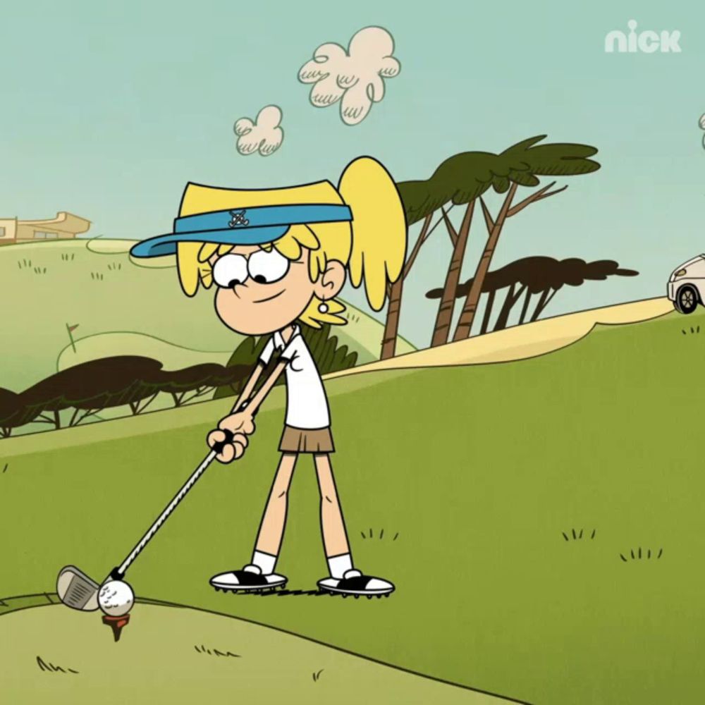 a cartoon of a girl swinging a golf club with a nick logo in the corner