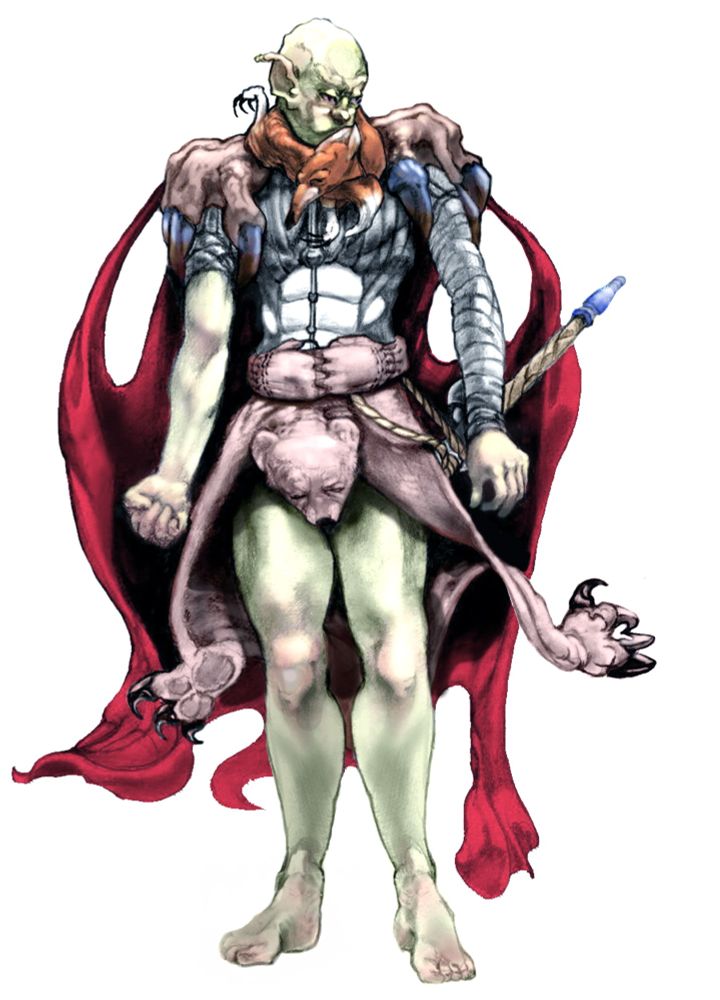 "Illustration of a green-skinned elf-like character with a muscular build, wearing a red cape, armor, and a pelt adorned with animal features. The character holds a staff with a glowing blue tip and has a fierce, battle-worn expression.