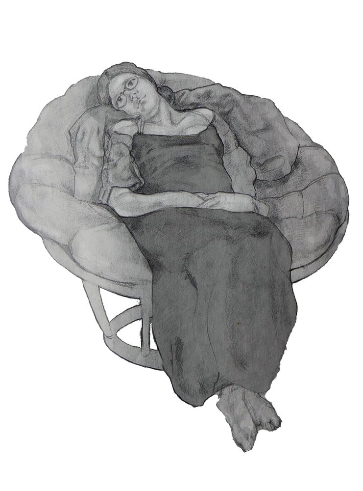 A pencil sketch of a young woman seated in a papasan chair. The drawing is from the early 2000s, made in a small Seattle apartment. The woman, the artist’s late ex-girlfriend, passed away from cancer years later. The lines capture a quiet, intimate moment now filled with memory and absence.