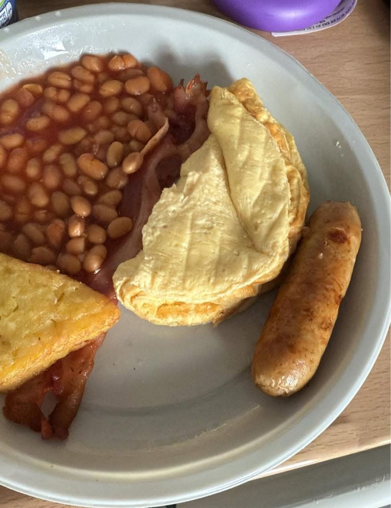 Plate of an all-day breakfast, cooked not to any standard. 