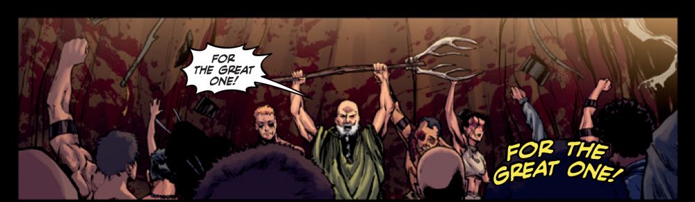 Falrick leads the tribe in a chant for the Greathorn against a bloody backdrop as the crowd cheers