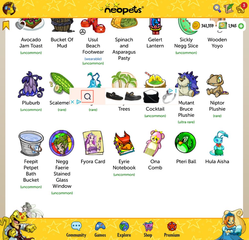 Mÿ inventory is slightly full, so when I do, idk I try taking pics (screenshots and usually on my laptop 💻 & not really iPhone 📱 but that’s currently sleeping 💤…) of my inventory when it’s full of quite interesting looking items, as I usually transfer a lot of items to my “safety deposit box” or donate them or put them on my shop, or more! Here one can see a couple of themed gifts 🎁 or books 📚 or toys, 🧸 but usually here the screenshot mostly has Mystery Island 🏝️ food 🍲 🍌 🍉 🍒🍍🥭🥥🍱 and yeah it looks delish but sadly I don’t live in Neopia in this timeline!