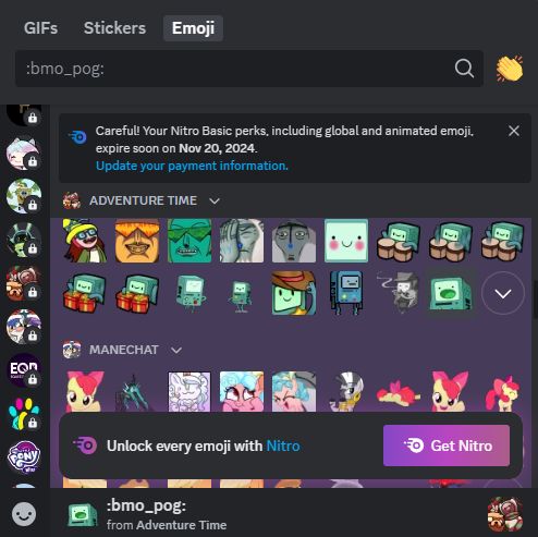 yeah some Adventure Time and 1 of the several, like 5 so far since the middle of this year, My Littl Pony servers i joined and have custom emoji of!