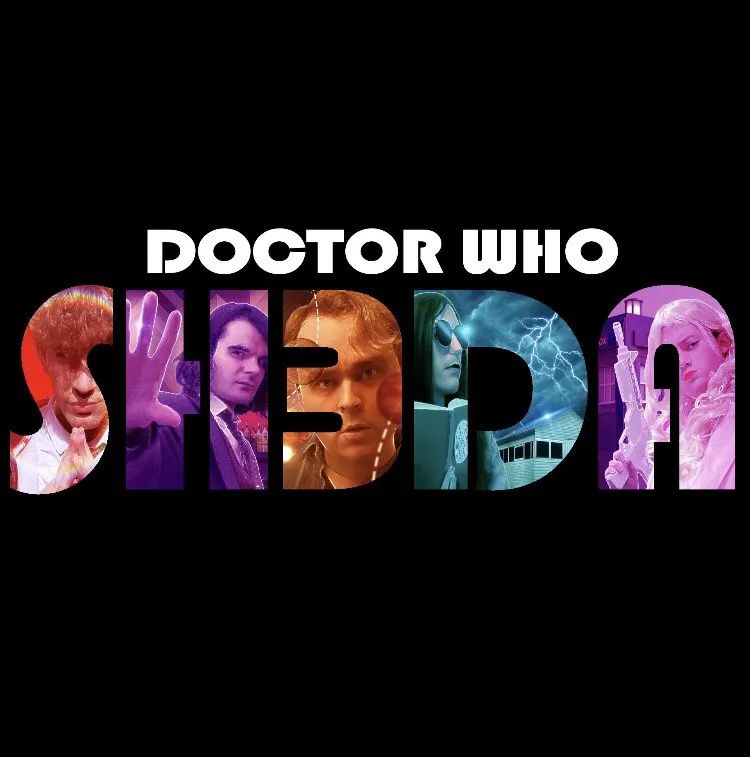 The poster for Sheda 3, the poster reads "Doctor Who: SH3DA" with a Doctor in each of the Sheda letters. In the letters we have:
S - @olieverett.bsky.social as Dr Two in front a red background
H - @jaob.bsky.social as the Proper Bonkers Doctor in front of a purple background
3 - @phoenixsmith.bsky.social as the AMAZING Doctor in front of an orange background, two planets can be seen in front of him
D - @dawnsmansion.bsky.social as the Cosmic Doctor in front of a teal-blue sky with lightning and Sheda in the background
A - @jessicamumford.bsky.social as @pinkdoctor.bsky.social with a gun, in front of a Pink background with the Cosmic Doctor's TARDIS in
