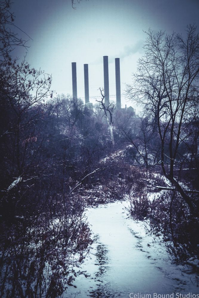 The snow covered walking tail winds between last years growth towards the smokes stacks of a power plant. 