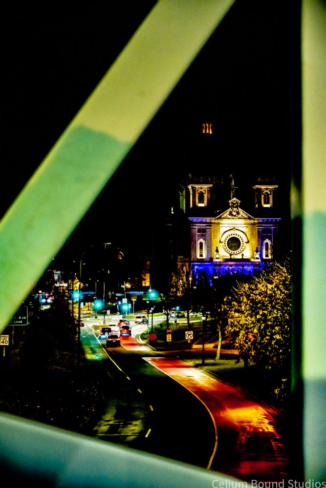 the Basilica seen through the bridge to the sculpture garden.