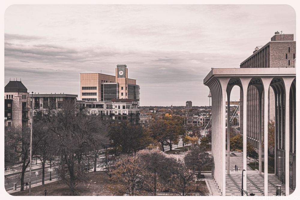 view form the roof of the four seasons. Viewed are several buildings of various architecture styles with a greenway between them. The trees have almost all lost their leaves to fall. 