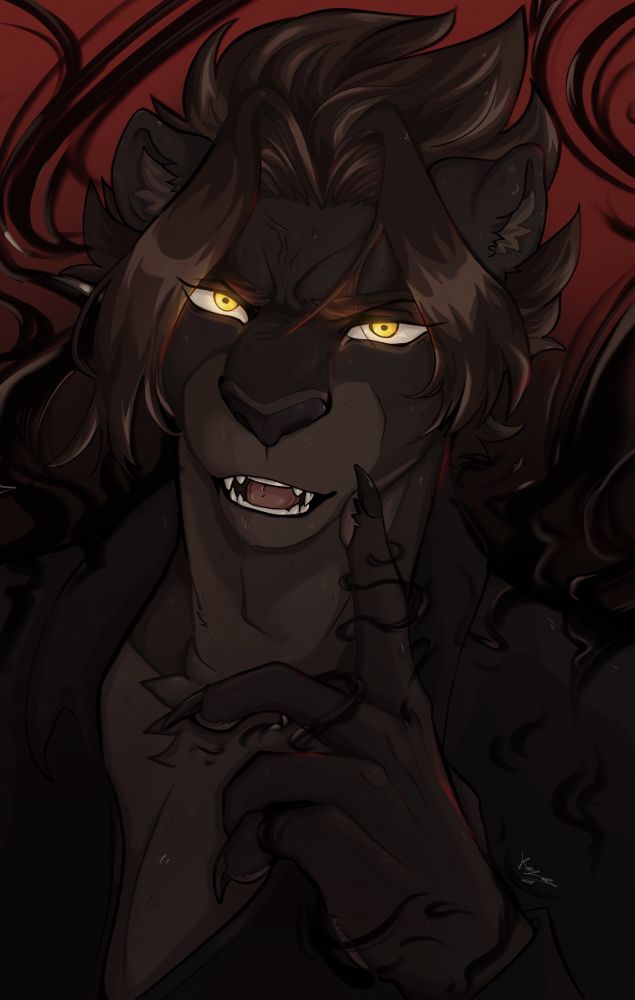 Anthro black panther with golden-yellow eyes and sharp fangs, long tousled dark hair with lighter streaks, wearing a partially open dark shirt. He holds a clawed finger to his lips in a confident, dangerous gesture. The background is deep red with swirling patterns of his shadow power. In the second image, his fur and face are smeared with blood, battle worn intensity.