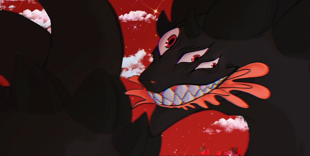 A snake-like demon grinning with all its teeth, as if mocking the other.