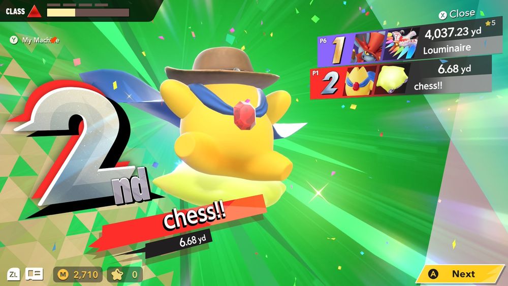 a screenshot from kirby air riders. it shows the result screen of a flight competition with two competitors. the winner, riding the beat machine, flew over 4000 yards. meanwhile i flew 6 yards