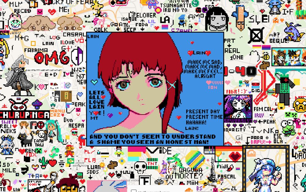 serial experiments lain pixel art in wplace, around itaquaquecetuba, it has phrases and lyrics from the opening 