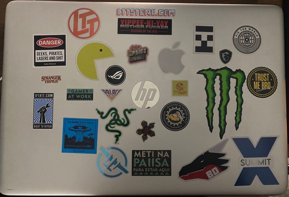 Back part of a Laptop monitor full of stickers from several brands, like Linus Tech Tips, Monster Energy Drink, Bad Dragon, Apple, fixit, Razer, Asus, Glorious Pc and some other random stickers that I have found.
