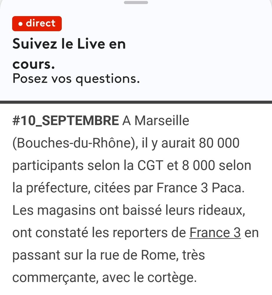 Un extrait du live de France Info du 10 septembre 2025 où la CGT annonce 80k manifestants et la préfecture, 8k.