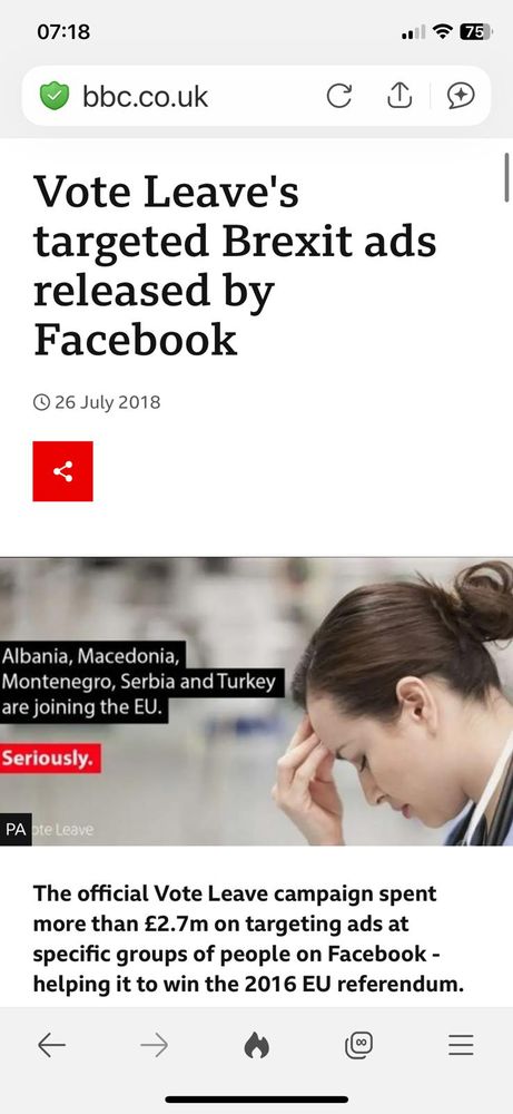 Picture of article showing Vote Leave Facebook ad suggesting Albania, Macedonia, Montenegro, Serbia & Turkey were joining the EU & a person looking seriously concerned about it. They still haven’t.