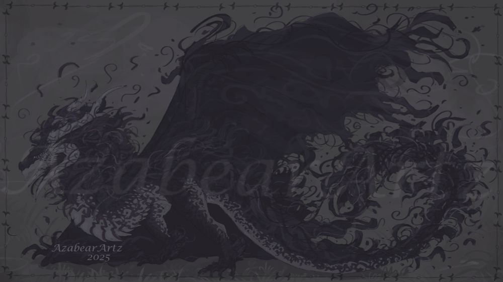 Dark mauve purple dragon with smoke trailing off of its fur. Elaborate markings on underbelly. Large 4 horns. 