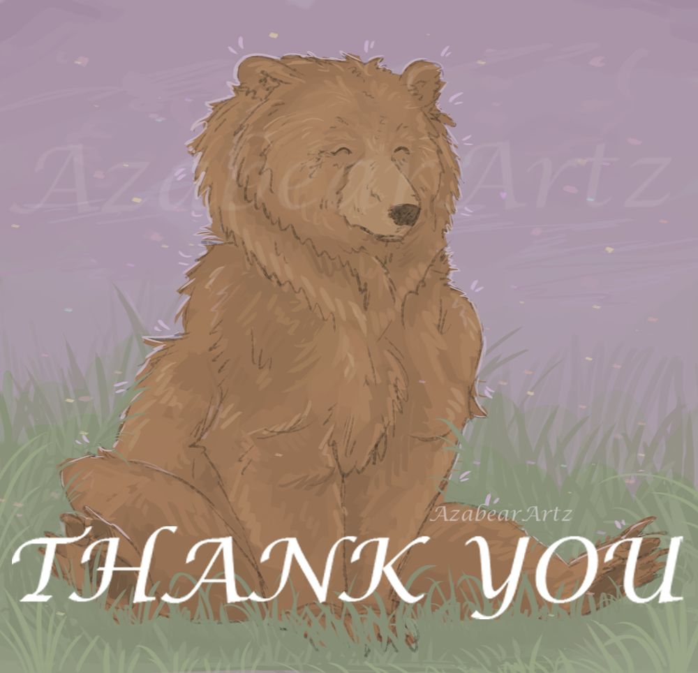 My bear character mascot sitting with thank you next in front of her. 