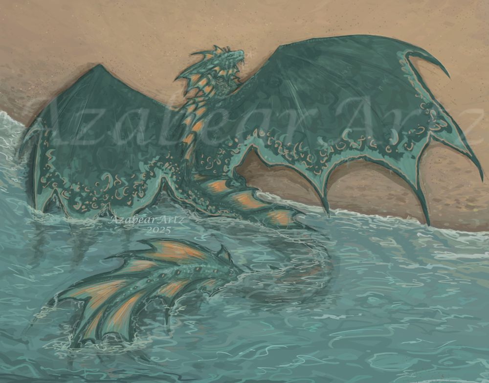 Illustration. Greenish blue dragon with orange fins laying on a warm beach. Soft warm colours. Character belongs to someone.
