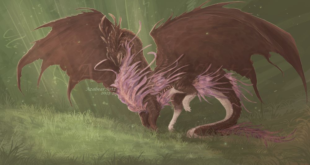 Illustration with a soft colour pallete. Large brown dragon with pink/purple petal structures on her chest, shoulder, back and tail bounding in a green field of grass. Character belongs to me (Azabear).