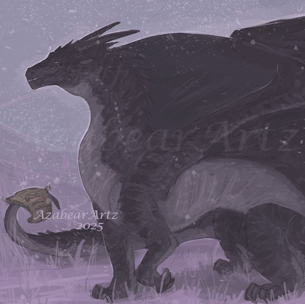 Close up on the head and chest area. Clearsight the Nightwing sitting with a foot raised and tail wrapping around with a scroll hanging from it 