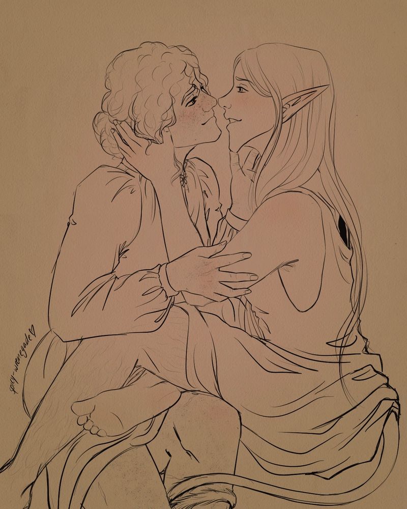 A digital sketch of my OCs Mia, a freckled human woman with curls, and Aspen, a huldra with long hair, elf-like ears and a cow-like tail, looking at each other lovingly as if about to kiss. Aspen’s legs are draped over Mia’s and her tail wraps around one of them. She cups Mia’s cheek who leans into it. Mia’s thumb brushes against Aspen’s chin, her other gently holds her arm. 
Aspen is wearing a simple sleeveless dress and Mia a blouse with a flower brooch at the neck and a skirt that’s a little hiked up to reveal her legs. 