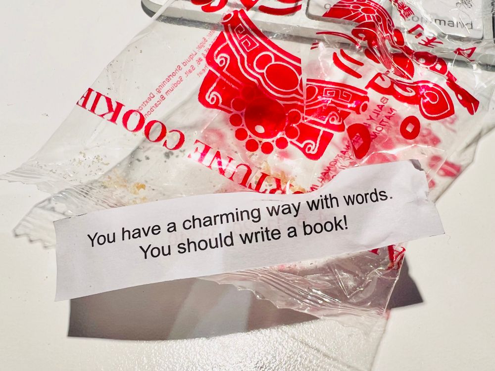 Fortune from a fortune cookie that reads “You have a charming way with words. You should write a book!”