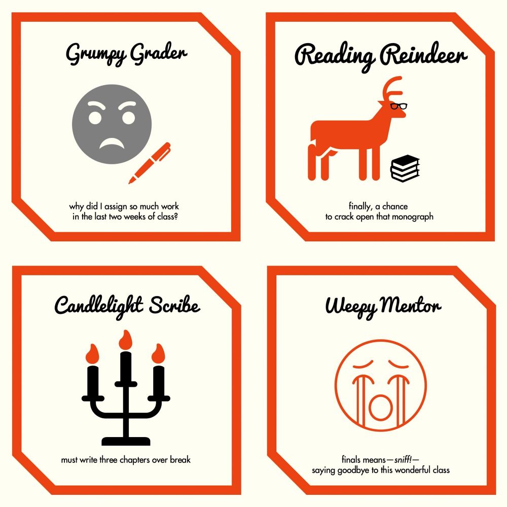 End-of-term personas with simple graphics and short descriptions: Grumpy Grader, Reading Reindeer, Candlelight Scribe, and Weepy Mentor