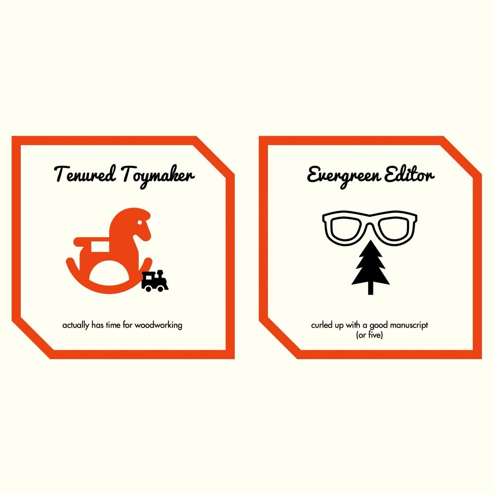 End-of-term personas with graphics and short descriptions: Tenured Toymaker and Evergreen Editor
