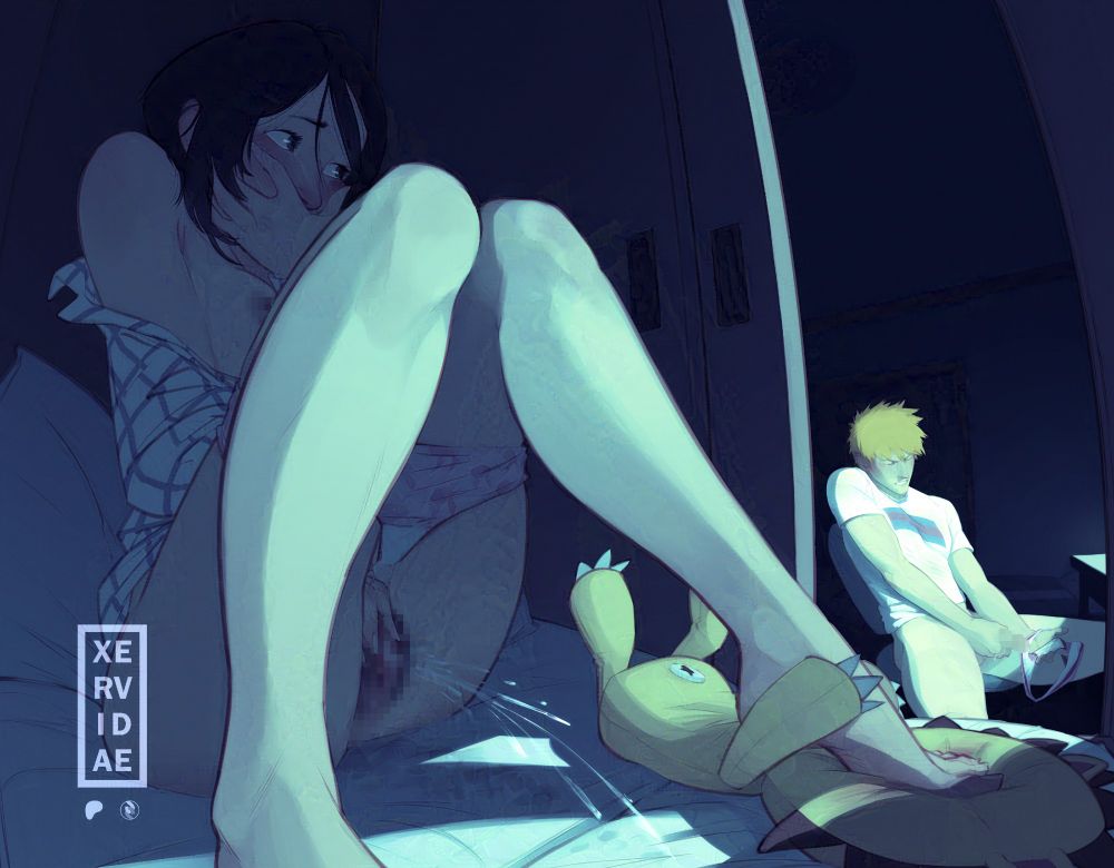 Rukia jerking off and squirting in the closet while she peeps on Ichigo jerking onto her used swimwear panties