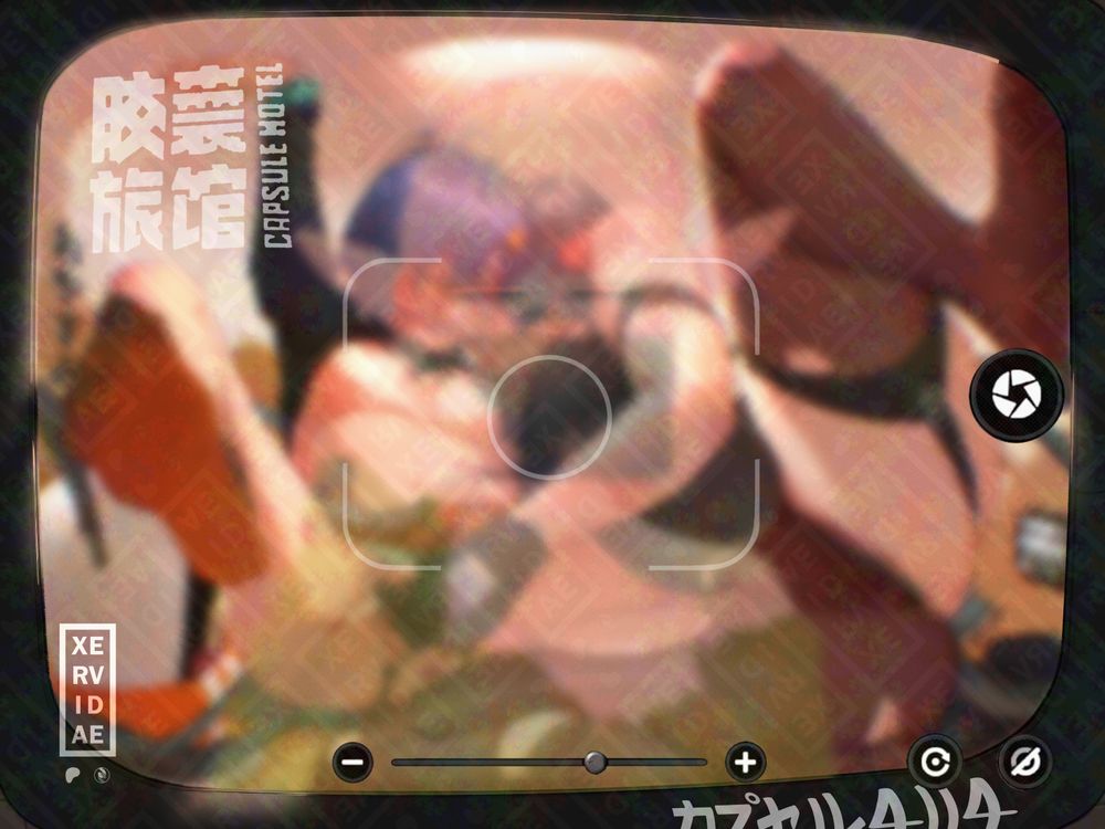 A camera screenshot of Belle and Jane Doe getting up to some shenanigans in a capsule hotel pod.