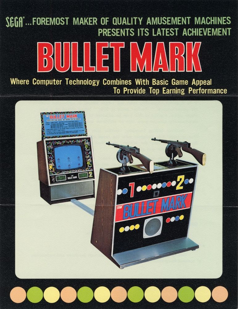 An ad for Bullet Mark, a 50 y/o arcade cabinet game from SEGA. The first game to feature human on human violence! It has a screen and a separate stand with two tommyguns on it.