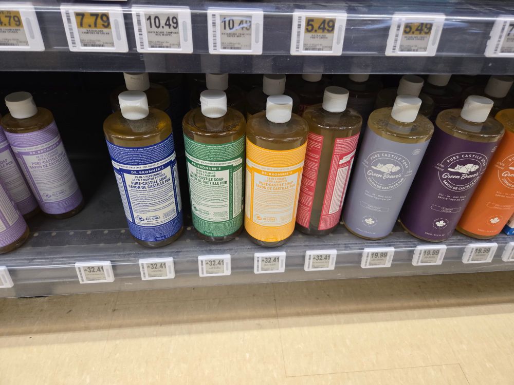 Image of Dr. Bronner's castile soap on shelf at Superstore increased from under $25 in March to $32.41 as the result of Canada's reciprocal tariffs on the US. 