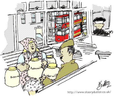 The interior of the upper deck of a tram, in the foreground, is animated as shaky (or shoogly). Another, stationary tram is visible in the background.