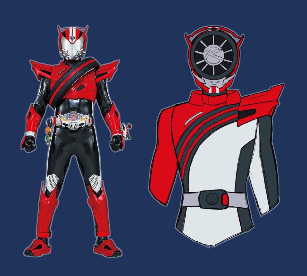design illustration of a Kamen Rider Drive themed Boonboomger with the wheel rims and spoiler of Tridoron on the helmet. A regular full body of image Drive is included on the left for reference.