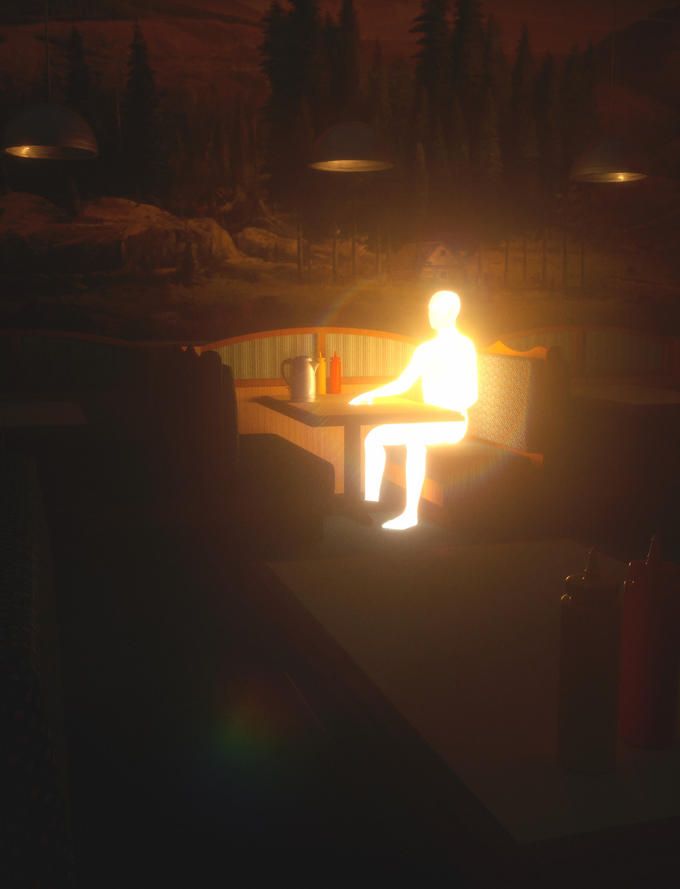 the illuminated silhouette of a person sitting at a diner's table