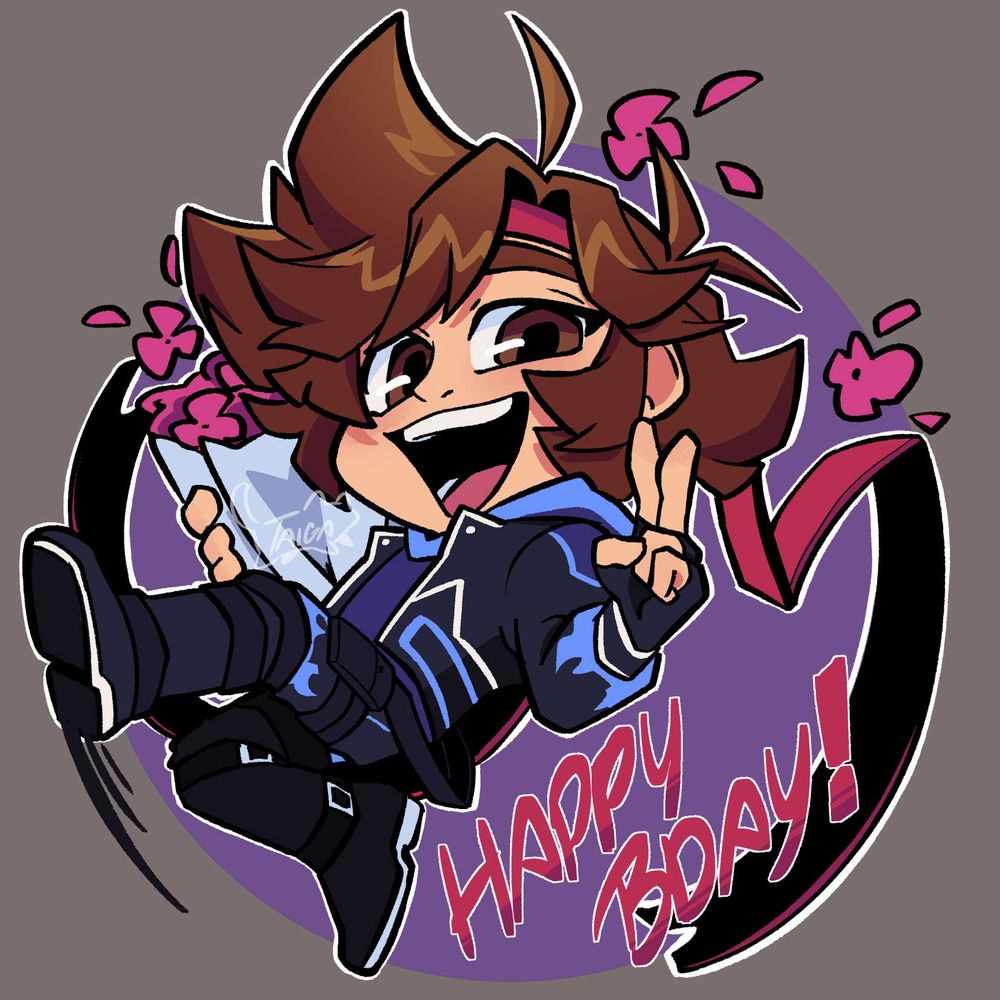 Chibi illustration of Gure happily smiling while holding a flower bouquet