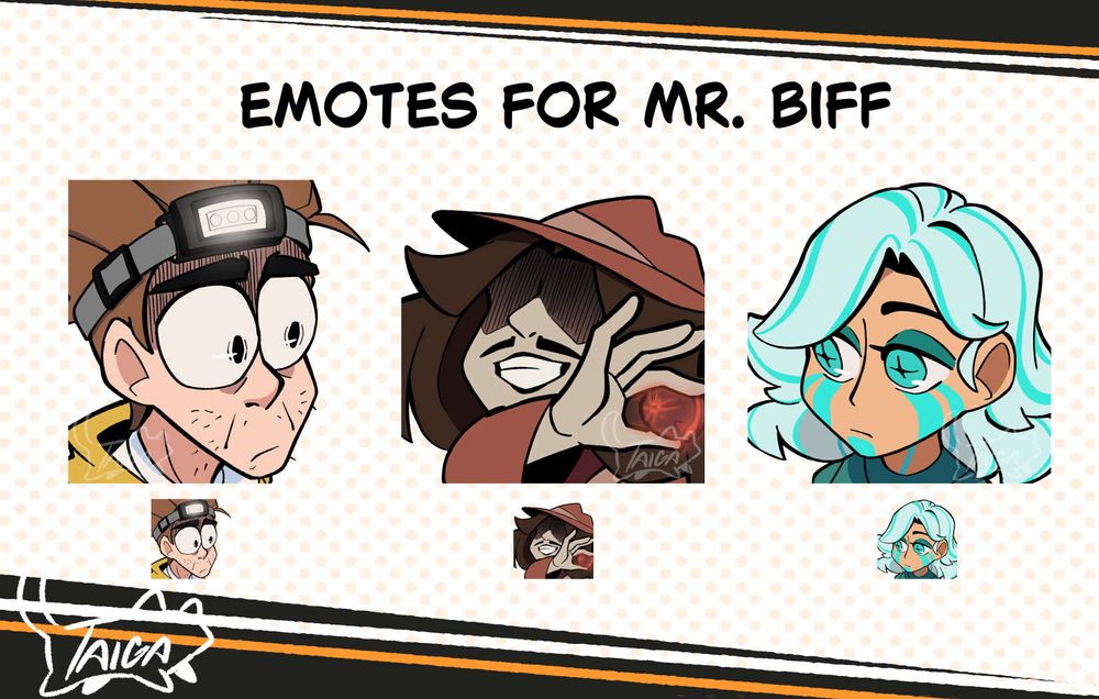 3 emotes that I was commissioned to draw by MrBiff of his OCs.
From left to right: 
-Owen looking deeply confused and distraught
-Muno chuckling, looking small and holding his weapon in hand
-Picto with a blank, spaced out expression