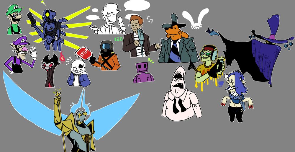 Luigi from Mario
Waluigi from Mario
V1 from Ultrakill
Troupmaster Grimm from Hollow Knight
Sans from Undertale
Gabriel from Ultrakill
The Scavenger from Lethal Compagny
Norbert Newsman from FNF Weekly
Rick Astley in Never Gonna Give You Up
Ourple Guy from...Ourple Guy
Sam from Sam & Max
Paka Patrick from the Dark Lost Spongebob Animatic series
Beat from Jet Set Radio
Shiver from Splatoon 3
Mr.Dark from Rayman