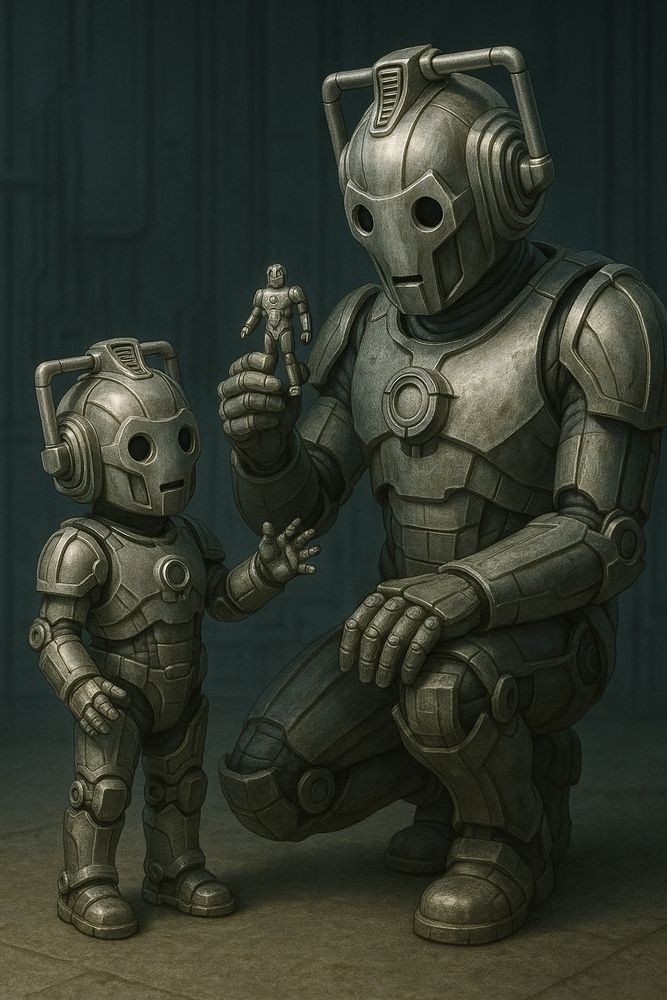 Ein Cyberman-Kind mit seinem Cyberman-Papa. Der Papa kniet sich zum Kind und gibt ihm eine Cyberman-Puppe. 