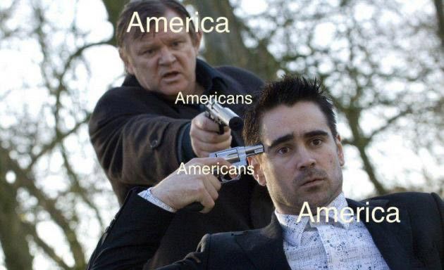 America holding a gun labeled Americans to itself at gunpoint from America with a gun also labeled Americans