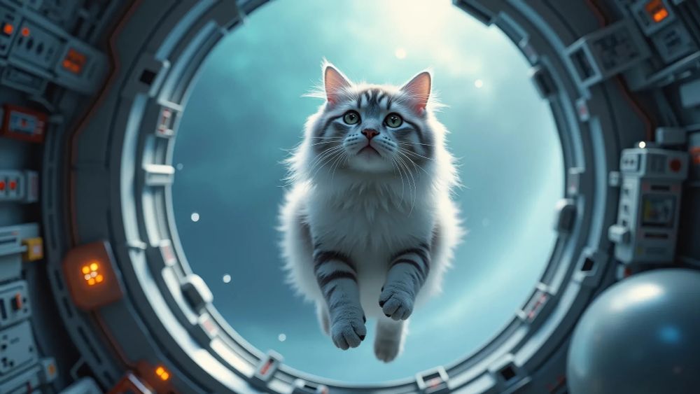 Prompt on Morphic.com - 
A futuristic scene of a fluffy cat with white and grey fur floating weightlessly inside a high-tech space station. The 4K realism style captures every high-tech detail—gleaming metallic surfaces, floating gadgets, and the vastness of space visible through the large observation window. The cat’s fur floats with the lack of gravity, and the high-definition clarity brings the space station and the stars outside into vivid focus."