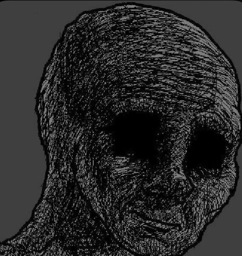 that doomer meme or whatever it’s called. wojack meme of a guy with a thousand yard stare but to show the amount of doom he feels, there’s lot of black scribbles all over him blacking out his eyes. Dark grey background. 
I tried my best with this Alt text description, sorry if it sucks. 