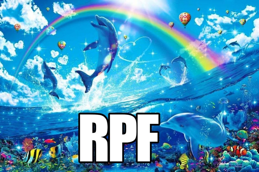 Image of dolphins jumping out of the water, with a colorful seascape underneath inside the water with another dolphin various tropical fish a corals. In the sky there are hot air balloons in the distance, clouds and a rainbow. On the bottom of the image "RPF" is written in big bold white letters with a black outline. 
