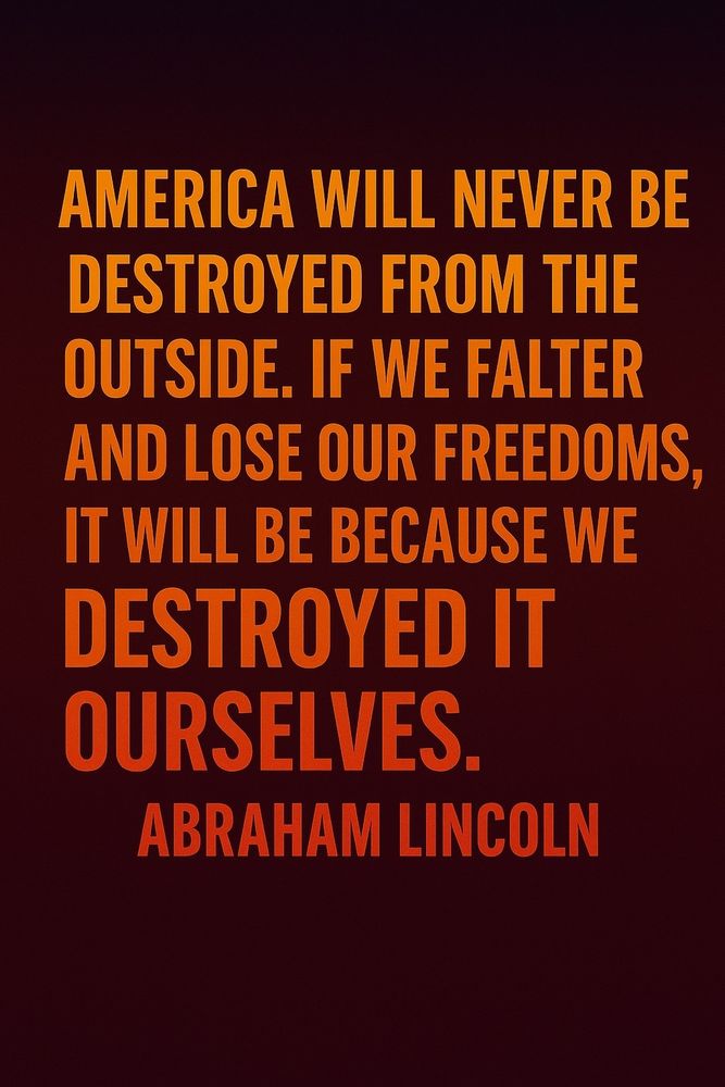 "America will never be destroyed from the outside. If we falter and lose our freedoms, it will be because we destroyed it ourselves." - Attributed to Abraham Lincoln 